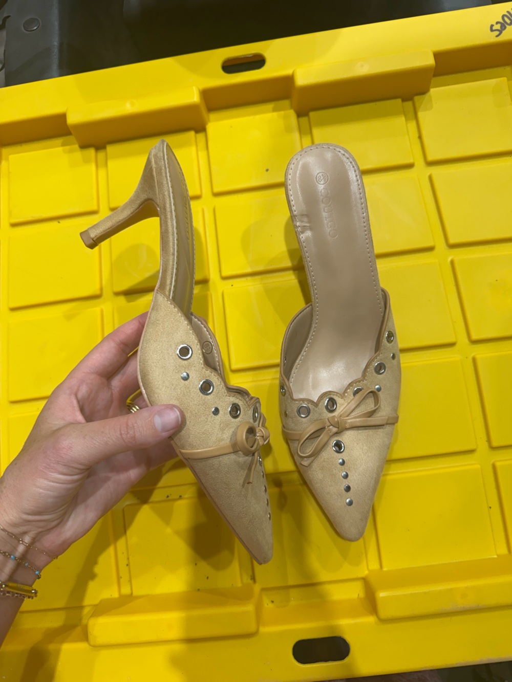 Beige Pointed-Toe Slip-On Heels with Stud Detail